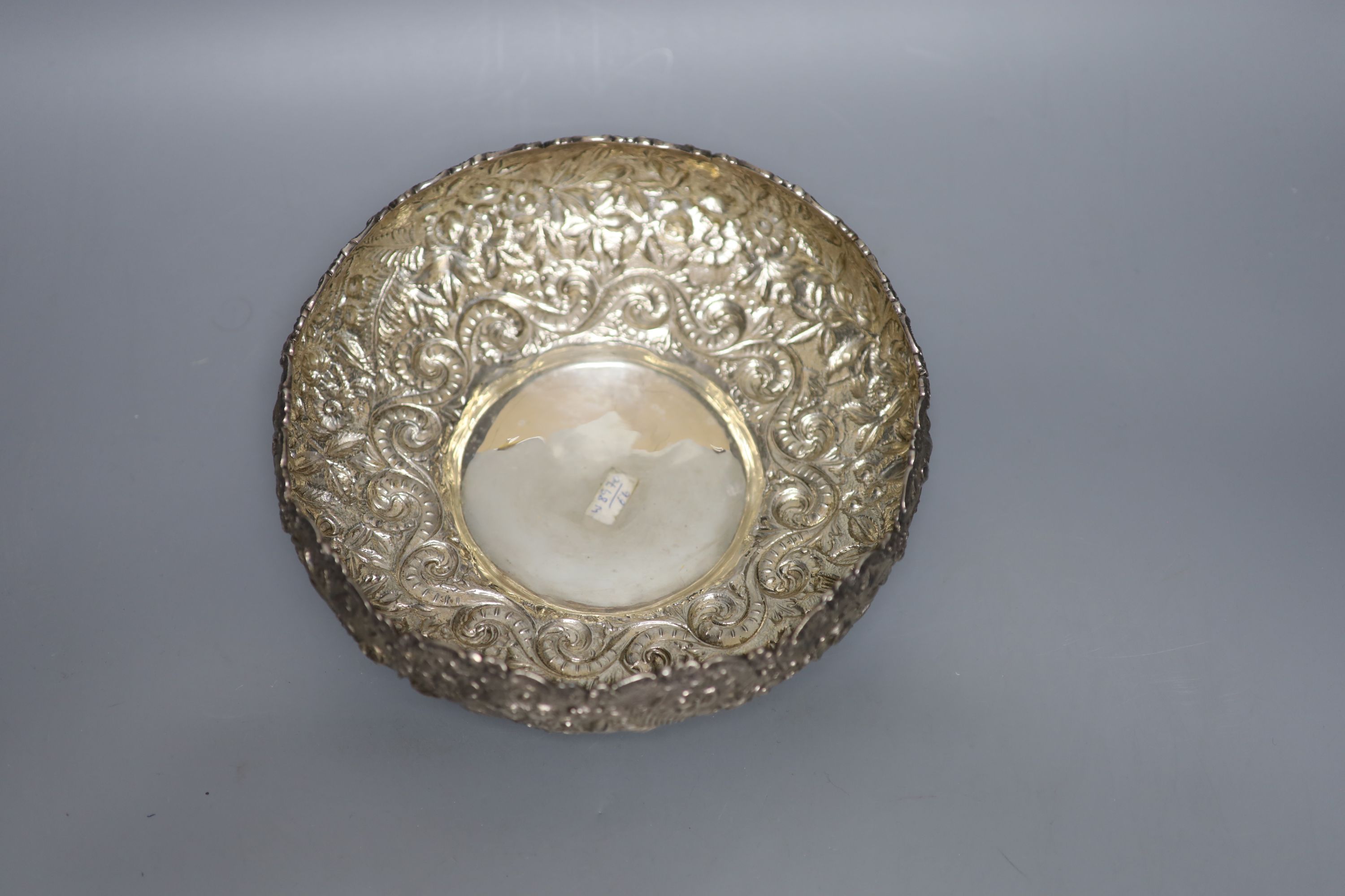 A late 19th century American embossed sterling fruit bowl by S. Kirk & Son Co, 23.5cm, 19.5oz.